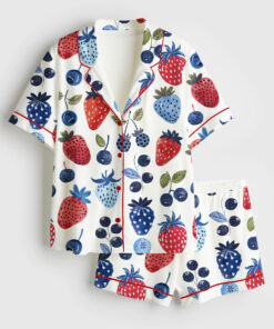 Women's Strawberry Cottagecore Summer Blueberry The 4th Of July Short Sleeve Satin Pajama Set