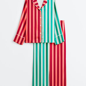 Women's Stripe Print Long Sleeve Satin Pajama Set