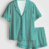 Women's Stripe Print Short Sleeve Satin Pajamas Set