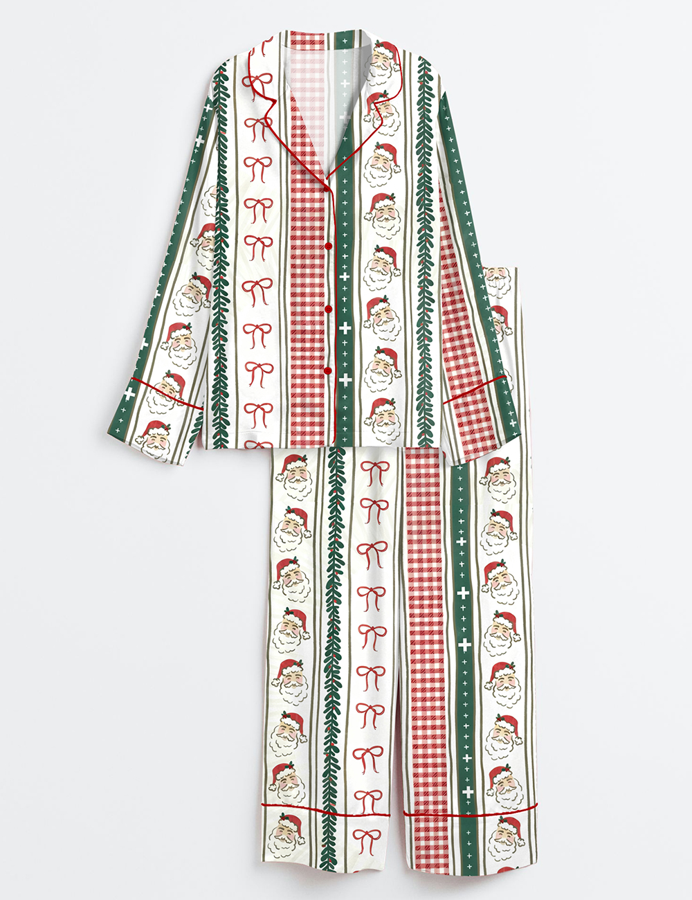 Womenâ€™s Striped Christmas Vintage Santa Stripe Check Long Sleeve Satin Pajama Set