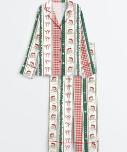 Women's Striped Christmas Vintage Santa Stripe Check Long Sleeve Satin Pajamas Set