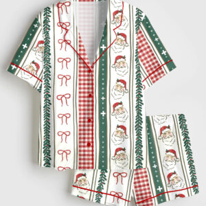 Womenâ€™s Striped Christmas Vintage Santa Stripe Check Short Sleeve Satin Pajama Set