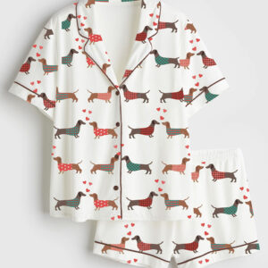 Women's Stylish Dachshund Dog Short Sleeve Satin Pajama Set