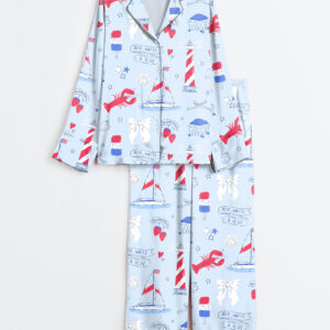 Womenâ€™s Summer Americana East Coast Red White And Blue Patriotic 4th Of July Long Sleeve Satin Pajama Set