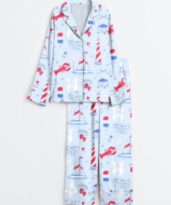 Women's Summer Americana East Coast Red White And Blue Patriotic 4th Of July Long Sleeve Satin Pajamas Set