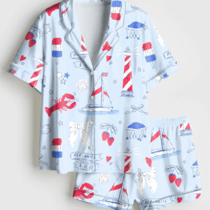 Women's Summer Americana East Coast Red White And Blue Patriotic 4th Of July Short Sleeve Satin Pajama Set