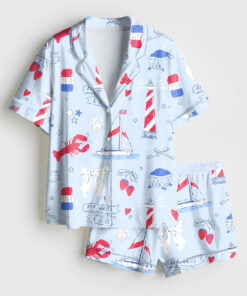 Women's Summer Americana East Coast Red White And Blue Patriotic 4th Of July Short Sleeve Satin Pajama Set