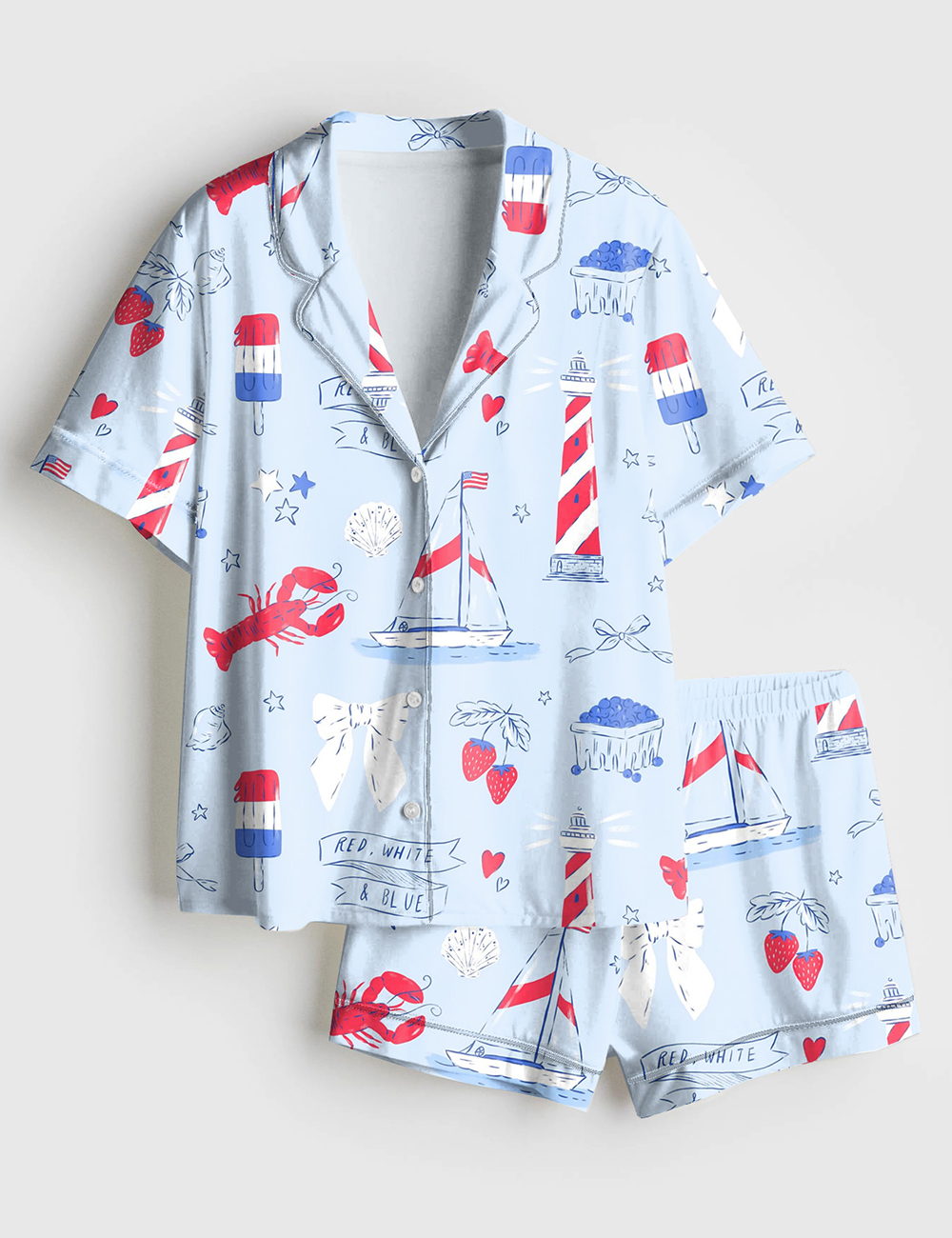 Womenâ€™s Summer Americana East Coast Red White And Blue Patriotic 4th Of July Short Sleeve Satin Pajama Set