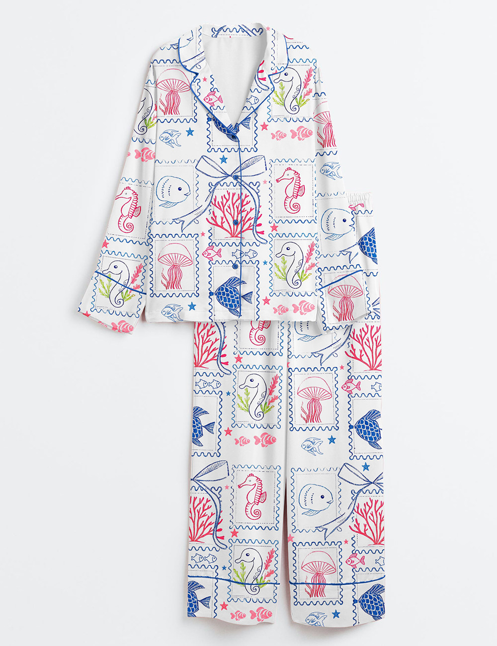 Womenâ€™s Summer Beach Jellyfish Seahorse Coastal Aesthetic Summer Print Long Sleeve Satin Pajama Set