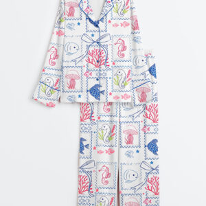 Women's Summer Beach Jellyfish Seahorse Coastal Aesthetic Summer Print Long Sleeve Satin Pajama Set