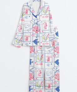 Women's Summer Beach Jellyfish Seahorse Coastal Aesthetic Summer Print Long Sleeve Satin Pajamas Set