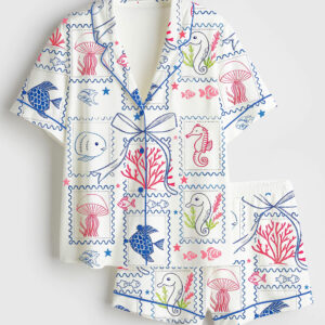 Womenâ€™s Summer Beach Jellyfish Seahorse Coastal Aesthetic Summer Print Short Sleeve Satin Pajama Set
