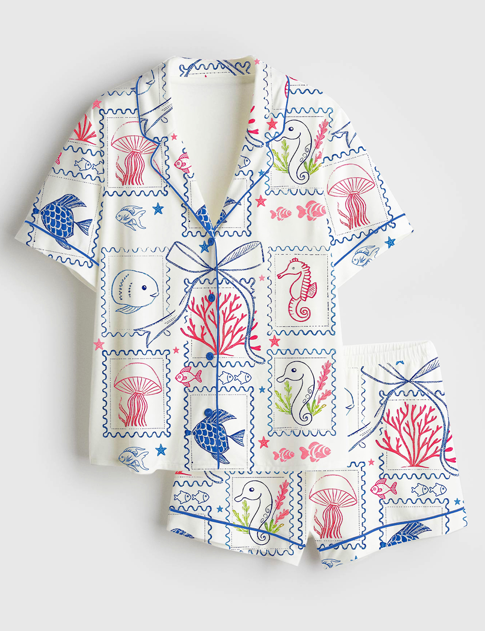 Womenâ€™s Summer Beach Jellyfish Seahorse Coastal Aesthetic Summer Print Short Sleeve Satin Pajama Set