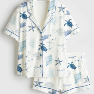 Womenâ€™s Summer Beach Ocean Coastal Summer Nautical Turtle Conch Bow Bachelorette Short Sleeve Satin Pajama Set
