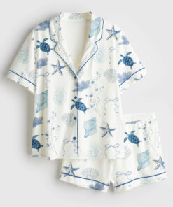 Women's Summer Beach Ocean Coastal Summer Nautical Turtle Conch Bow Bachelorette Short Sleeve Satin Pajamas Set