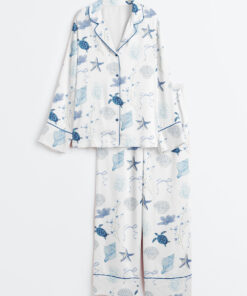 Women's Summer Beach Ocean Coastal Summer Nautical Turtle Conch Bow Long Sleeve Satin Pajama Set