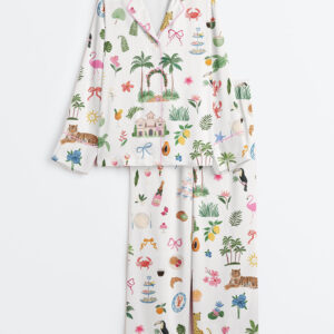 Womenâ€™s Summer Beach Watercolor Whimsical Coastal Icons Palm Tree Wedding Party Print Long Sleeve Satin Pajama Set