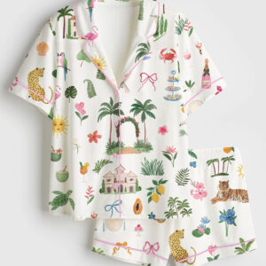 Womenâ€™s Summer Beach Watercolor Whimsical Coastal Icons Palm Tree Wedding Party Print Short Sleeve Satin Pajama Set