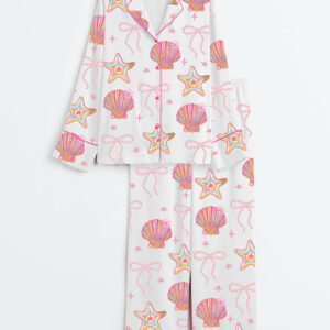 Womenâ€™s Summer Clam Coquette Bow Summer Vibes Pink Clam Summer Beach Long Sleeve Satin Pajama Set