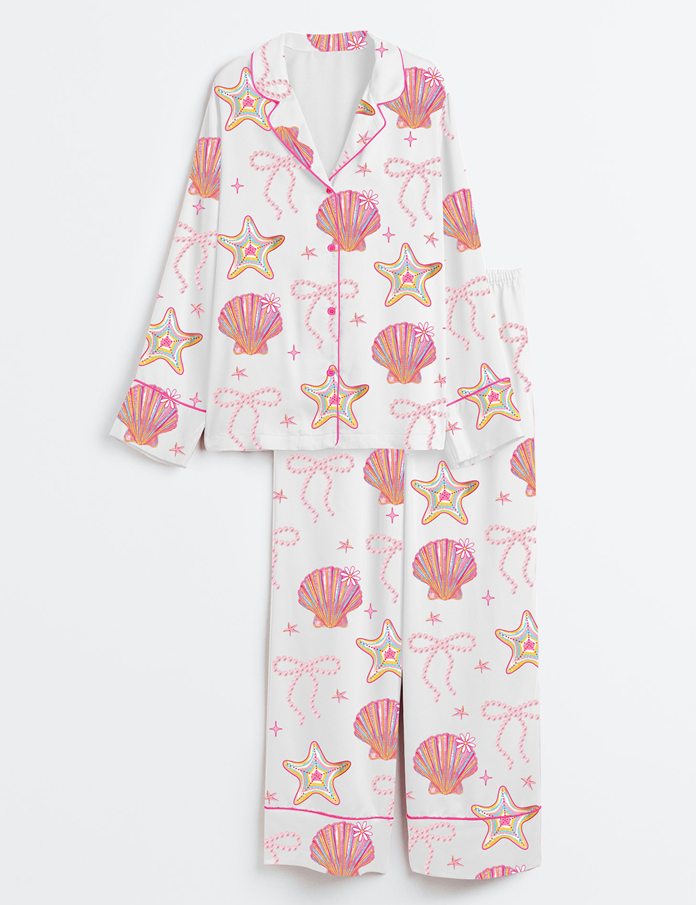 Womenâ€™s Summer Clam Coquette Bow Summer Vibes Pink Clam Summer Beach Long Sleeve Satin Pajama Set