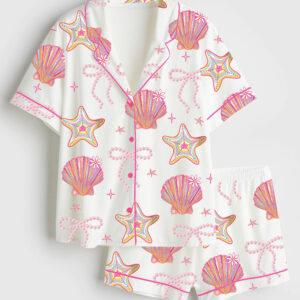 Womenâ€™s Summer Clam Coquette Bow Summer Vibes Pink Clam Summer Beach Short Sleeve Satin Pajama Set
