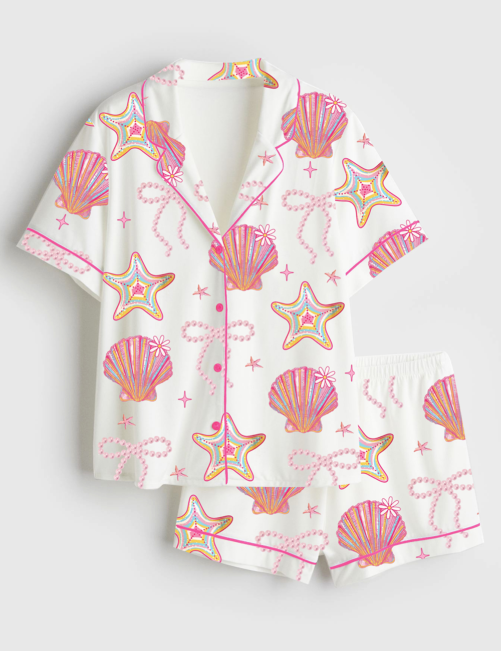 Womenâ€™s Summer Clam Coquette Bow Summer Vibes Pink Clam Summer Beach Short Sleeve Satin Pajama Set