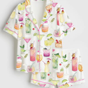 Women's Summer Cocktail Wine Lovers Old Fashioned Short Sleeve Satin Pajama Set