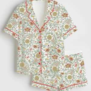 Women's Summer Floral Paisley Design Short Sleeve Satin Pajama Set