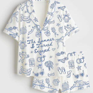Womenâ€™s Summer I Turned Engaged Coastal Beach Bride Short Sleeve Satin Pajama Set