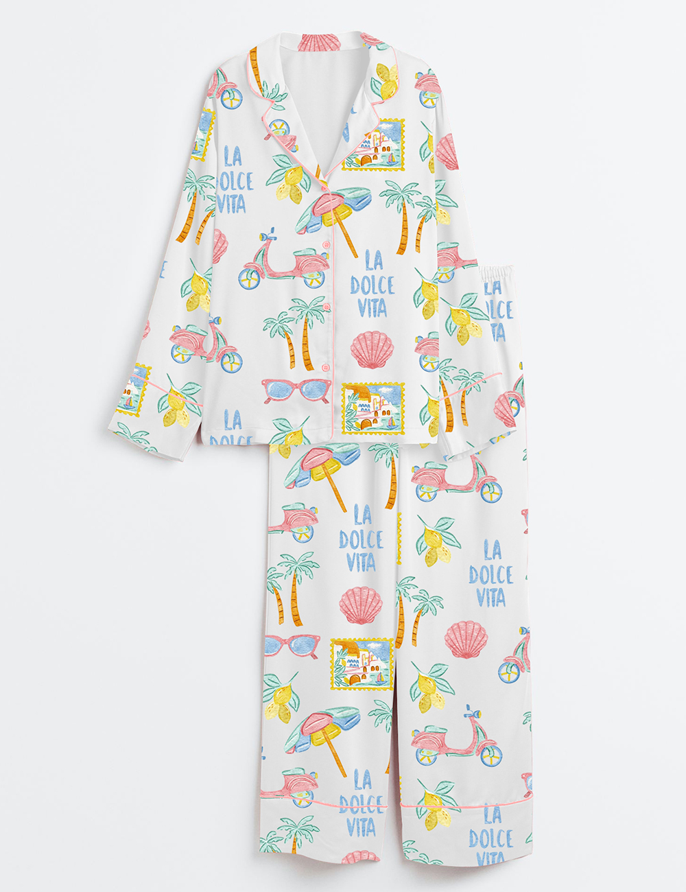 Womenâ€™s Summer Italian Beach Long Sleeve Satin Pajama Set