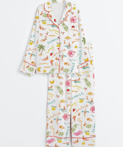 Women's Summer Memories Fruity Cocktails Tropical Trees Sandy Beaches Long Sleeve Satin Pajama Set