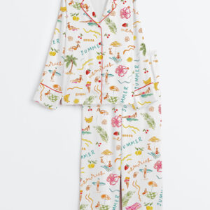 Womenâ€™s Summer Memories Fruity Cocktails Tropical Trees Sandy Beaches Long Sleeve Satin Pajama Set