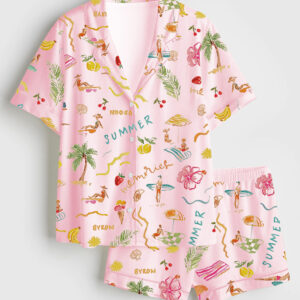 Alternative view of Women's Summer Memories Fruity Cocktails Tropical Trees Sandy Beaches Long Sleeve Satin Pajamas Set