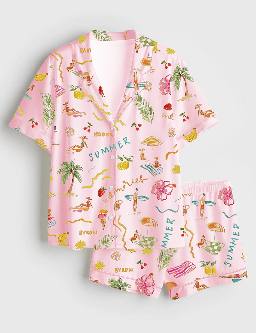 Women's Summer Memories Fruity Cocktails Tropical Trees Sandy Beaches Long Sleeve Satin Pajamas Set - Image 2