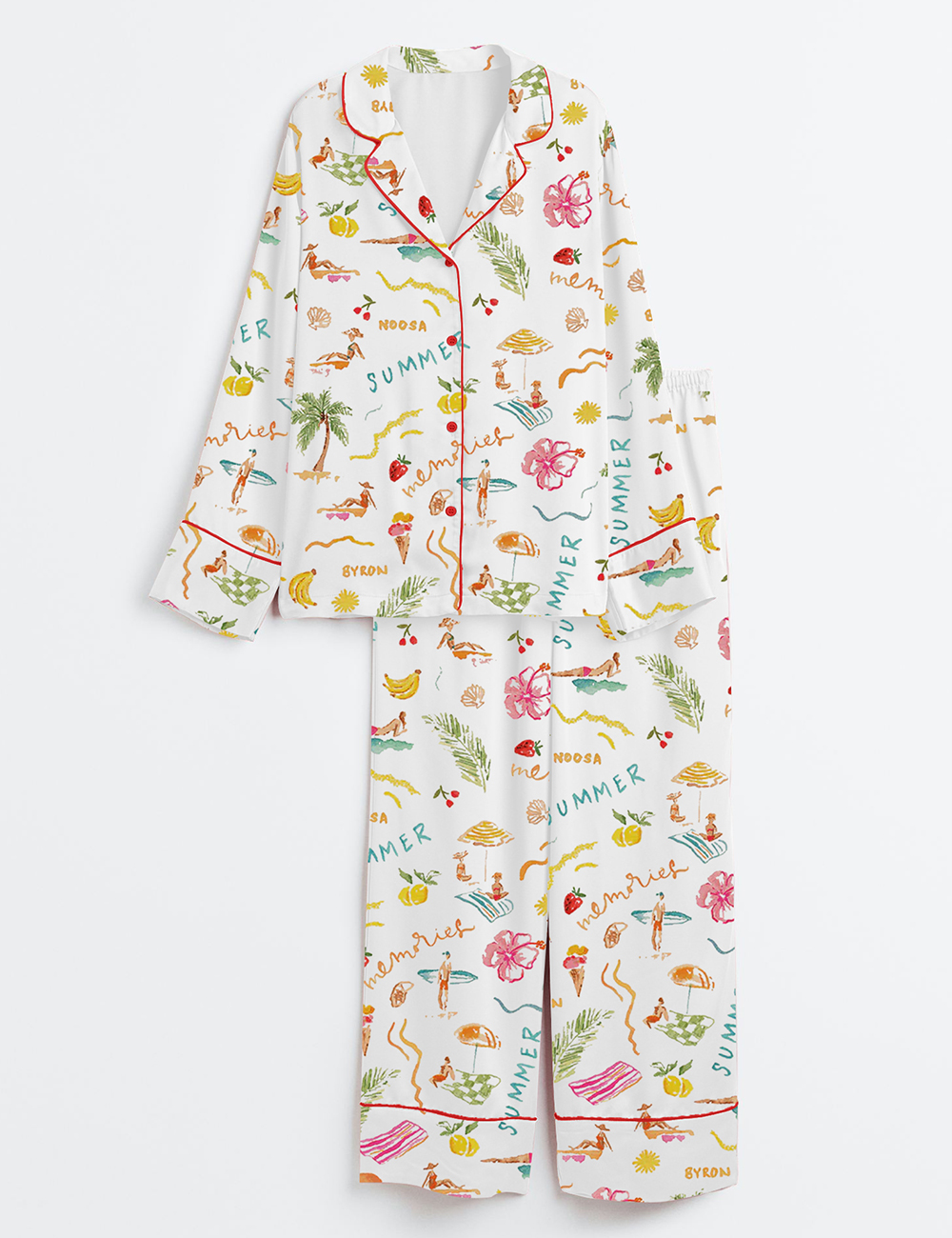 Women's Summer Memories Fruity Cocktails Tropical Trees Sandy Beaches Long Sleeve Satin Pajamas Set