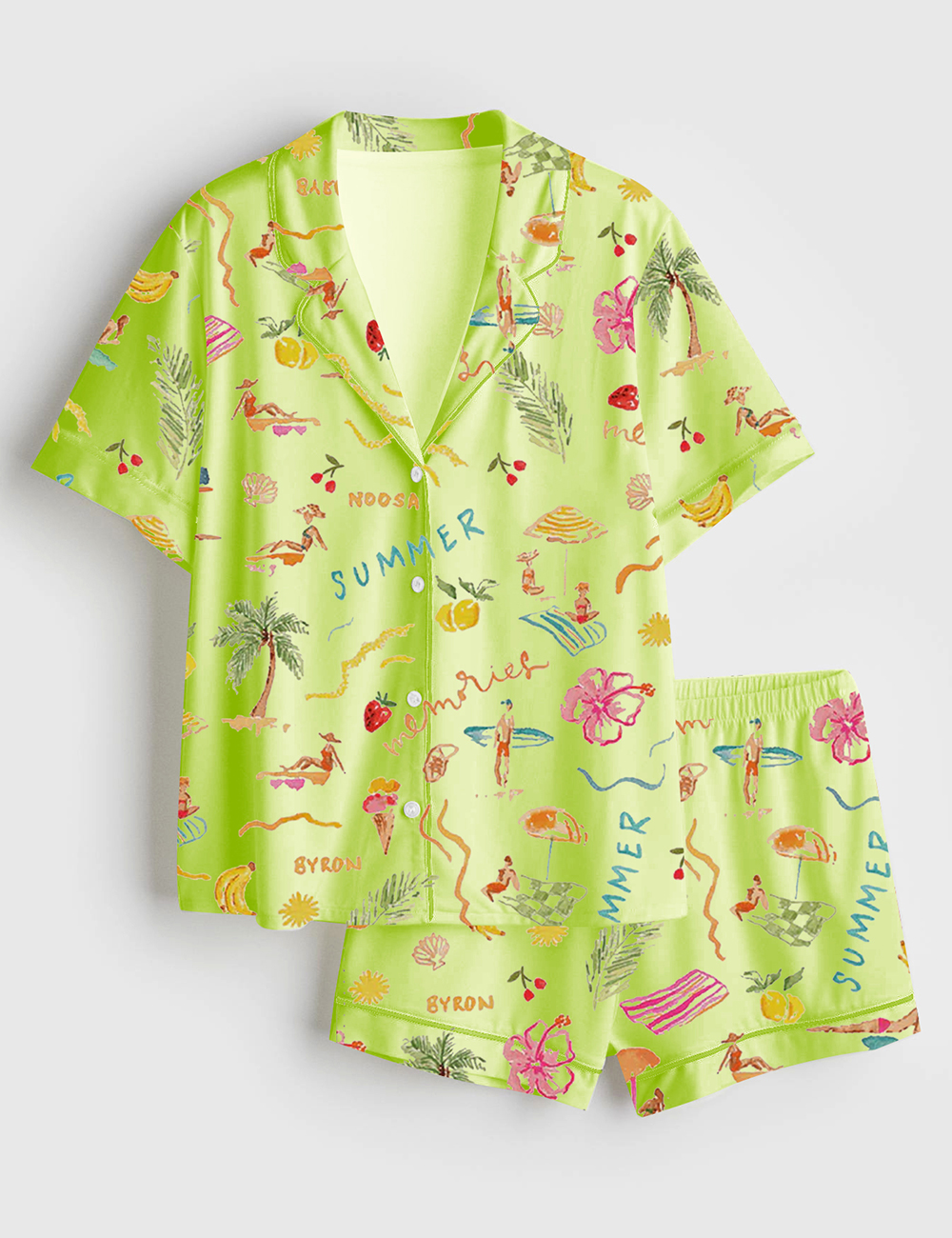 Women's Summer Memories Fruity Cocktails Tropical Trees Sandy Beaches Long Sleeve Satin Pajamas Set - Image 3