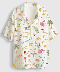 Women's Summer Memories Fruity Cocktails Tropical Trees Sandy Beaches Short Sleeve Linen Blend Hawaiian Shirt