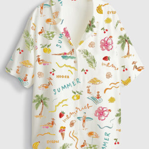 Womenâ€™s Summer Memories Fruity Cocktails Tropical Trees Sandy Beaches Short Sleeve Linen Blend Hawaiian Shirt