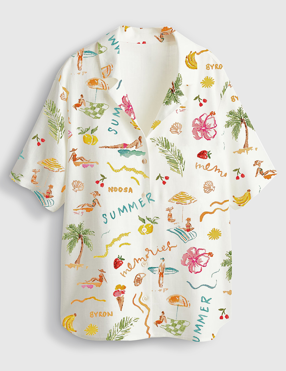 Womenâ€™s Summer Memories Fruity Cocktails Tropical Trees Sandy Beaches Short Sleeve Linen Blend Hawaiian Shirt