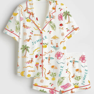 Womenâ€™s Summer Memories Fruity Cocktails Tropical Trees Sandy Beaches Short Sleeve Satin Pajama Set