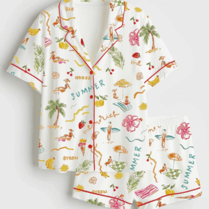 Women's Summer Memories Fruity Cocktails Tropical Trees Sandy Beaches Short Sleeve Satin Pajama Set