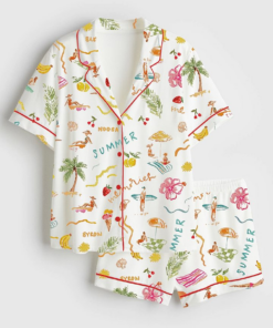 Women's Summer Memories Fruity Cocktails Tropical Trees Sandy Beaches Short Sleeve Satin Pajama Set