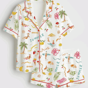 Womenâ€™s Summer Memories Fruity Cocktails Tropical Trees Sandy Beaches Short Sleeve Satin Pajama Set
