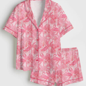 Womenâ€™s Summer Pink Flamingo Short Sleeve Satin Pajama Set