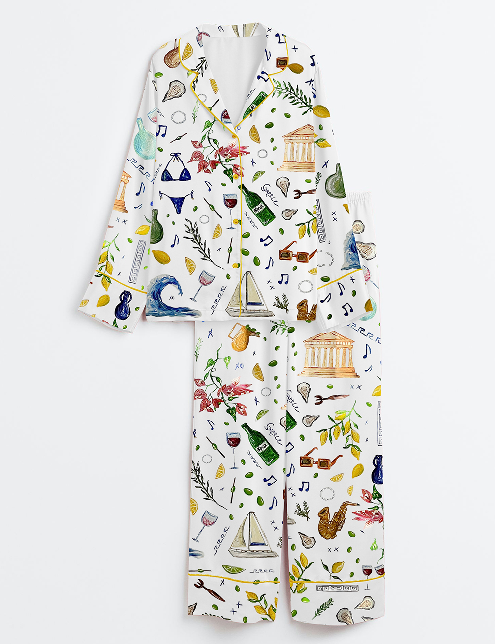 Women's Summer Print Long Sleeve Satin Pajamas Set