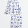 Womenâ€™s Summer Seashell Blue Coastal Summer Beach Crab Seahorse Print Long Sleeve Satin Pajama Set