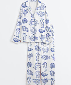 Women's Summer Seashell Blue Coastal Summer Beach Crab Seahorse Print Long Sleeve Satin Pajama Set