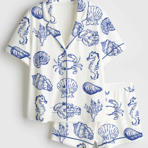 Women's Summer Seashell Blue Coastal Summer Beach Crab Seahorse Print Short Sleeve Satin Pajama Set