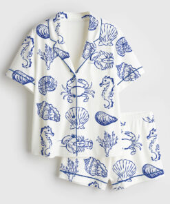 Women's Summer Seashell Blue Coastal Summer Beach Crab Seahorse Print Short Sleeve Satin Pajama Set