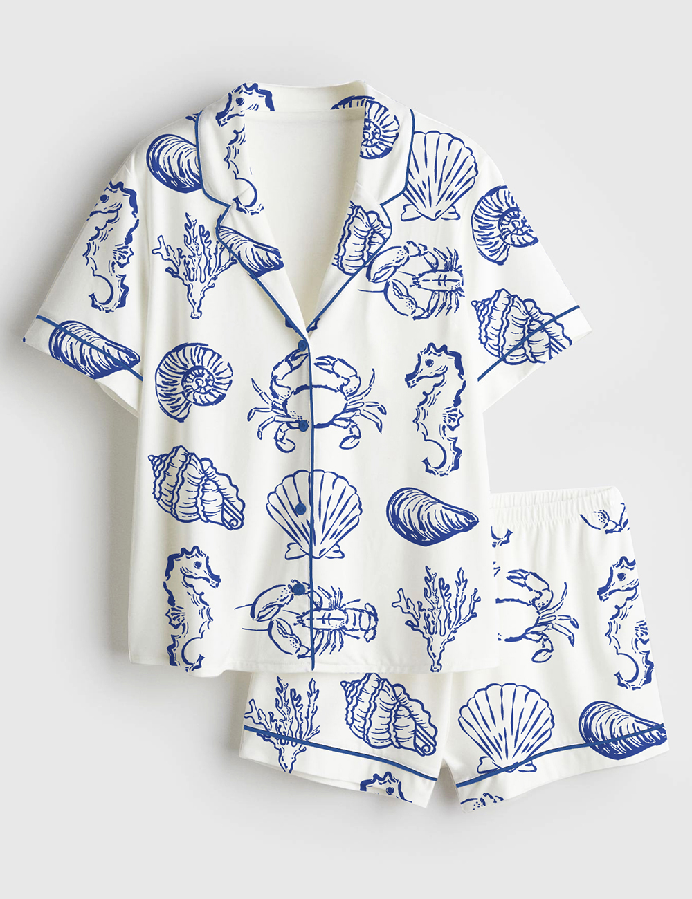 Women’s Summer Seashell Blue Coastal Summer Beach Crab Seahorse Print Short Sleeve Satin Pajama Set